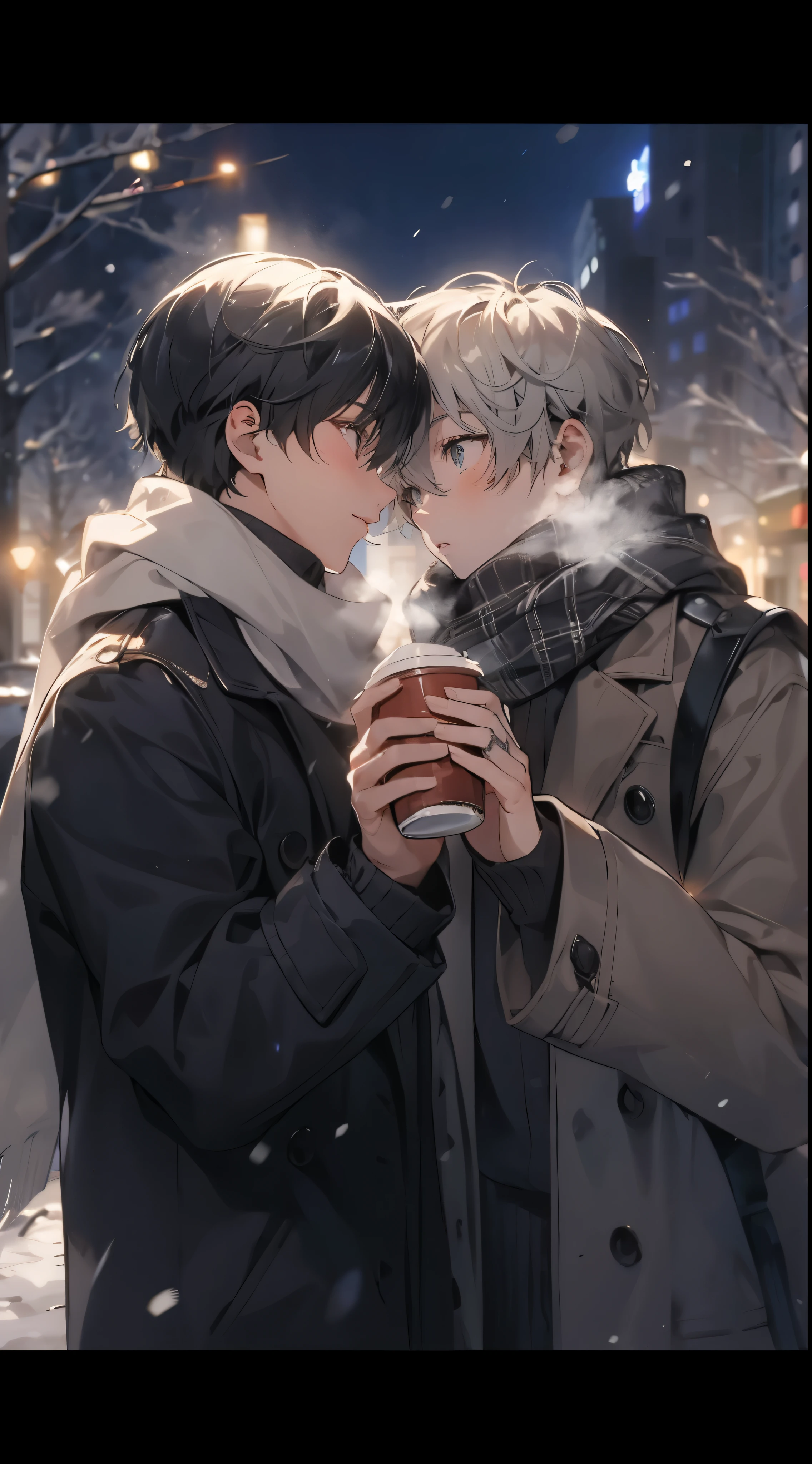 High quality, amount of drawing, pixiv illustration, Scene depicting two handsome young men walking on a snowy winter night, While watching the illuminations of the city. One person is wearing a stylish black coat, The other person is elegantly wrapped in a gray scarf.. They both wear gloves., each has a cup of hot drink, Enjoying the bright cityscape. their expressions are fun, time々Point to the snowflake and have a conversation. In the background, The streets of the city are decorated with festivals, Snowy trees々で. This scene captures a moment of winter charm and intimate friendship