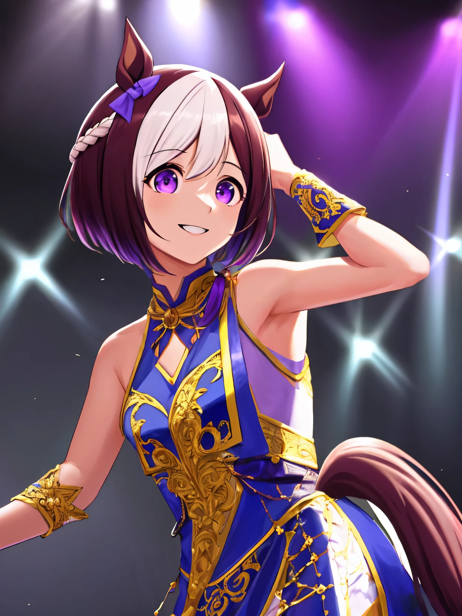 Armpit show,special week,Umamusume,Ultra-detailed face,top-quality,Smile,Live Stage,Stage costumes,Horse tail,sing a song,