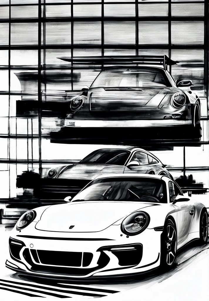 eine hand gezeichnete skizze Zeichnung eines Autos auf schwarzem boden Hintergrund mit Schatten, Illustration mit hohem Kontrast, Porsche RSR, Fahrzeug-Illustration, Auto-Skizze, Schattierung, Strichzeichnungen - N 9, Veranda, Hyper-Kontrast gut gezeichnet, Porsche 9 1 1, Porsche 911, just black and white line drawings, im Stil des vereinfachten Realismus, inspiriert von Andrei Kolkoutine