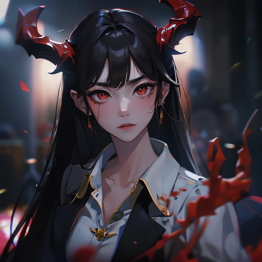 (masterpiece), 8k cg, stunningly beautiful girl, intricate details, chromatic aberration, ((bust shot)), ((looking at viewer)), 1girl, (asian girl,power, red eyes, red horns, long black hair, business suit, blood), extremely beautiful and delicate portrait, frown, blush, makeup, absurdres, cinematic lighting, dynamic lighting, fantasy, ((dark background, fog))