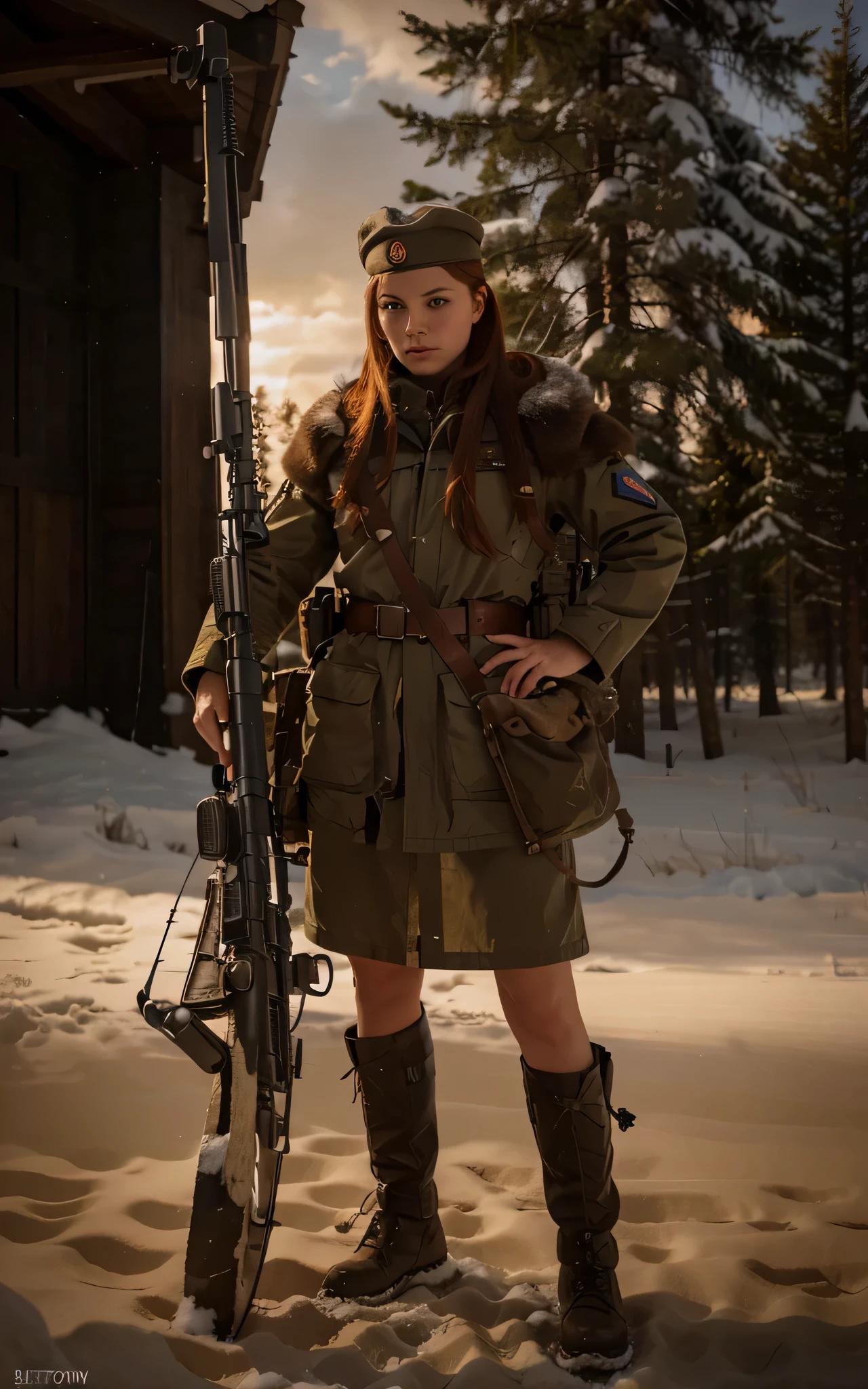 Hermosa mujer soldado, Cara rusa, pelo rojo natural en una cola de caballo, Gorra militar, Dark brown Soviet style military suit with white details., Soviet style military miniskirt., Botas militares, Harnesses and belts with ammunition, sostiene un enorme rifle de francotirador , she is in the siberian steppe, nieve, cielo rojo, 4k, Ultra detallado image, realista, Altamente detallado, perfect composition, splendid, Intrincadamente detallado, Incredibly detailed, 8 k artistic photography, hiper detallado, Obra maestra, Ultra detallado, hyperrealista, 4k, Ultra detallado image, realista, Altamente detallado, perfect composition, splendid, Intrincadamente detallado, Incredibly detailed, 8K fine art photography, hiper detallado, Obra maestra