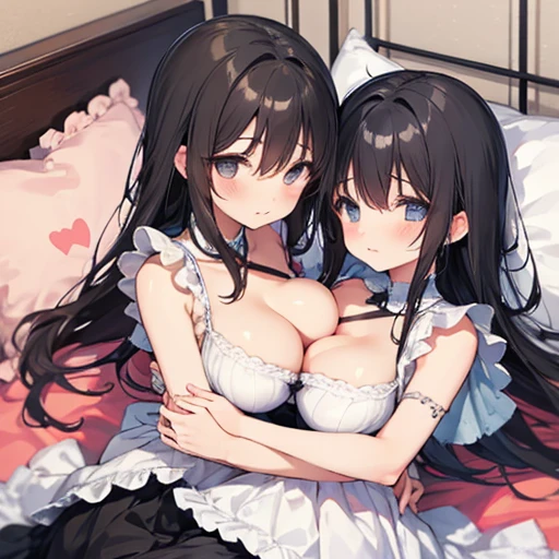 Two girls　Eroi Dresses　They hug each other and capture one person.　breast smothering　On a plush bed　Lovely room　large full breasts