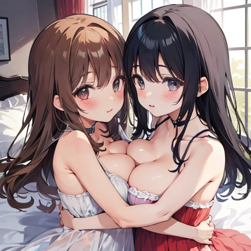 (((NSFW)))、highest quality、masterpiece、2 girls、1 male、　　joy　Intertwining tongues　beautiful girl　　On the bed 、Black Hair、Nipple licking、Breastfeeding、Yui Kotegawa