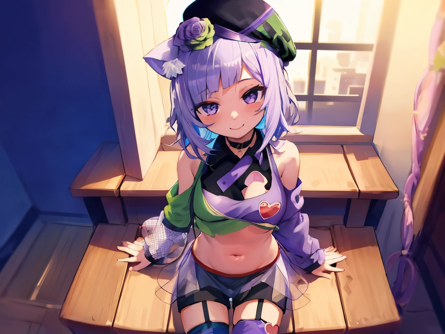 okayusinger, crop top, multicolored shirt, shoulder cutout, heart on chest, see-through purple skirt, [black shorts], garter straps, mismatched legwear, hat flower, cat tail, sitting, armpits peek, smile, 1girl, night