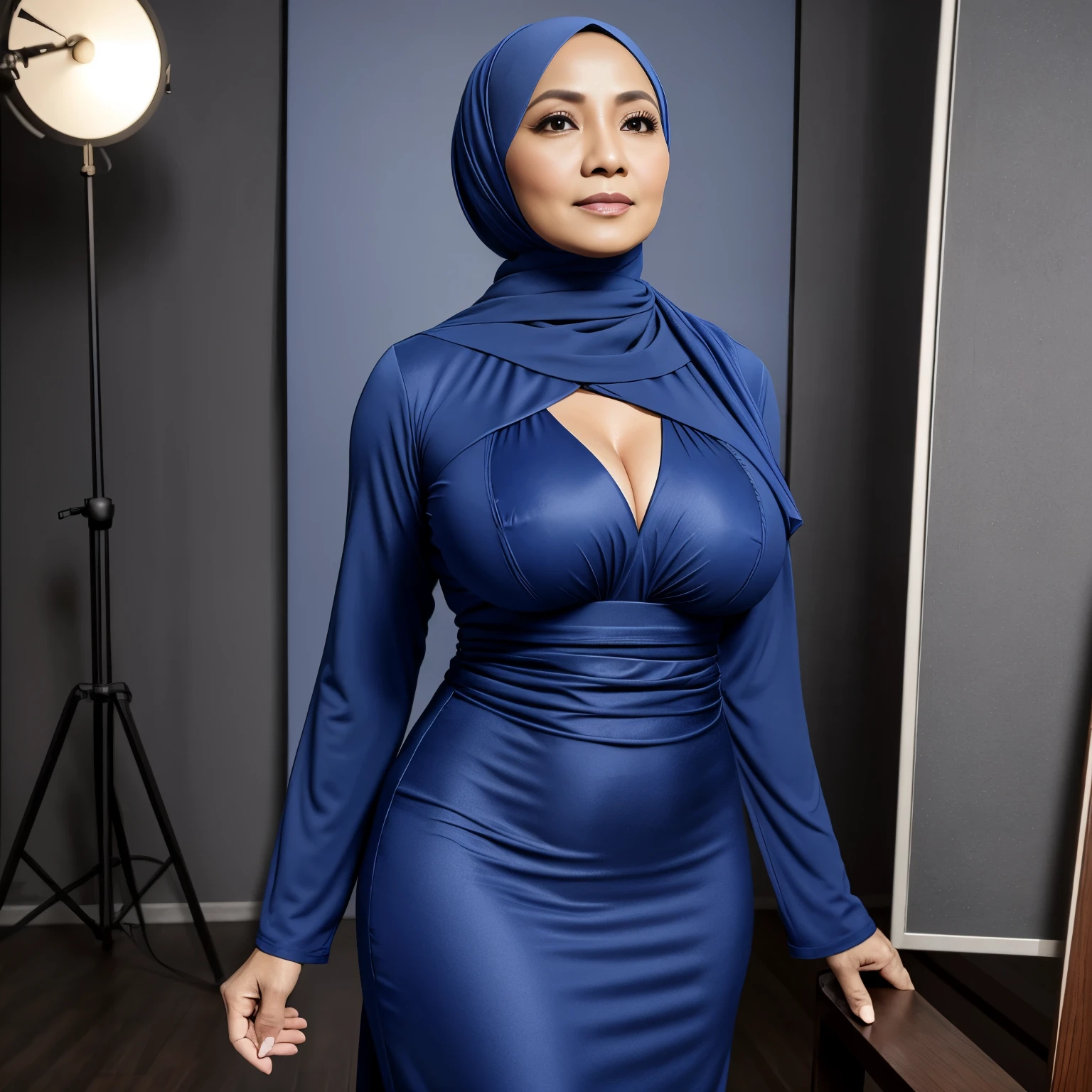 52 years Old, Hijab Malaysian mature woman, Large Tits : 96.9, Tight Gamis, Slim body, Breast about To burst out, at Studio Photo, High Light, at DayTime