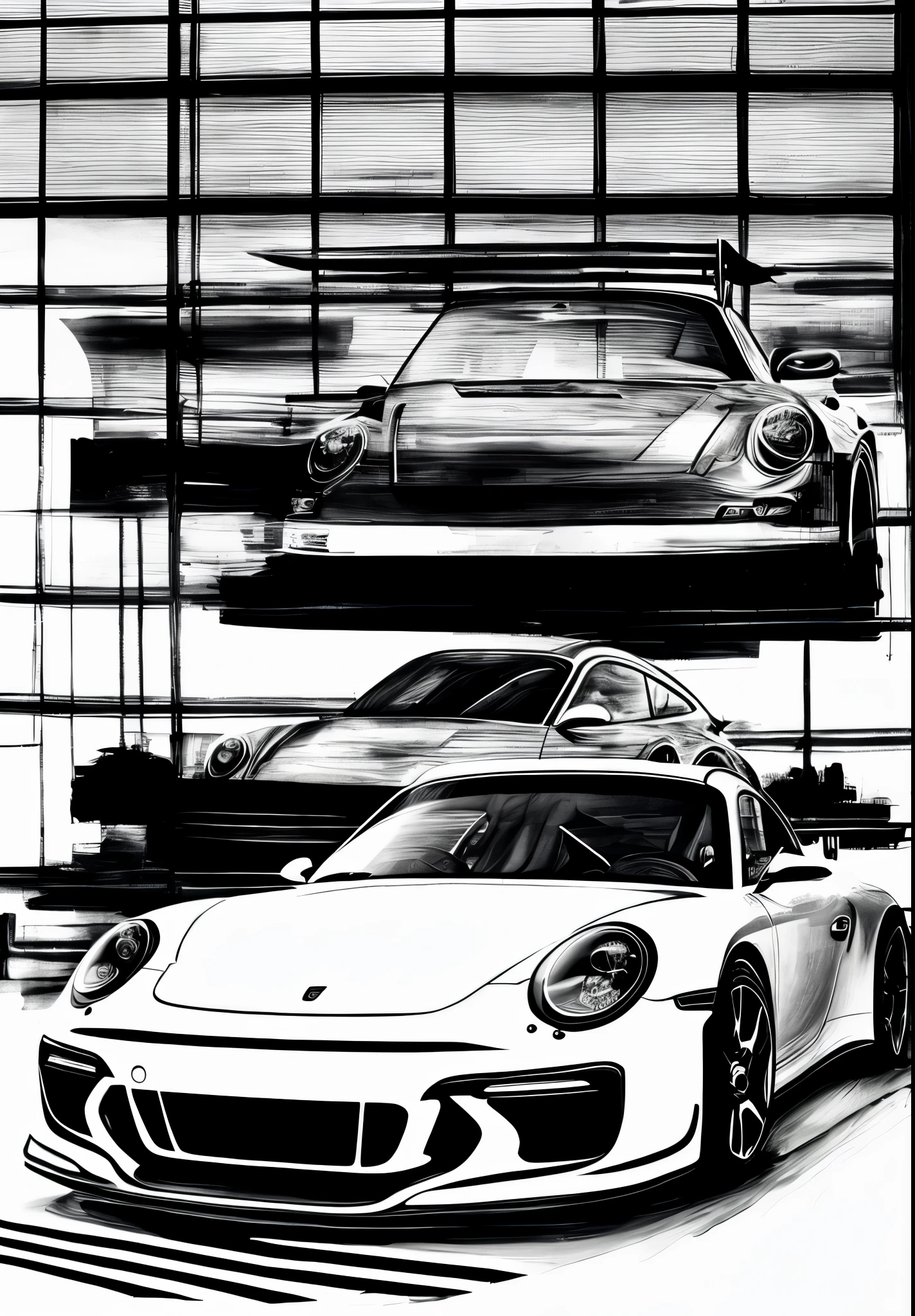 eine hand gezeichnete skizze Zeichnung eines Autos auf schwarzem boden Hintergrund mit Schatten, Illustration mit hohem Kontrast, Porsche RSR, Fahrzeug-Illustration, Auto-Skizze, Schattierung, Strichzeichnungen - N 9, Veranda, Hyper-Kontrast gut gezeichnet, Porsche 9 1 1, Porsche 911, just black and white line drawings, im Stil des vereinfachten Realismus, inspiriert von Andrei Kolkoutine