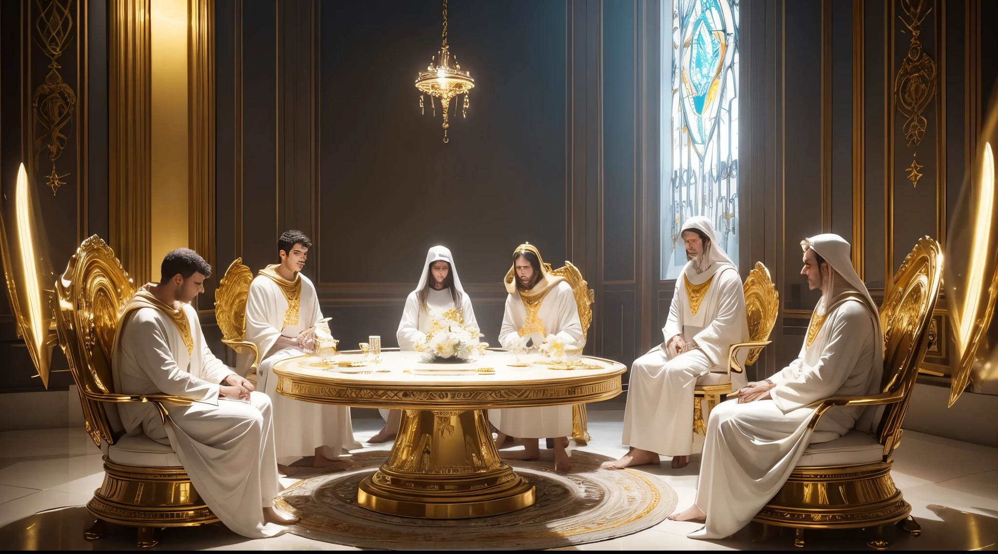 Trono celestial com pilares brancos e dourados, gold and meeting with white-robed angels, anjos com asas e manto branco com dourado (extremo detalhe) extremamente detalhado, angels sitting around a table having a meeting, bioluminescence and extreme lighting detail.