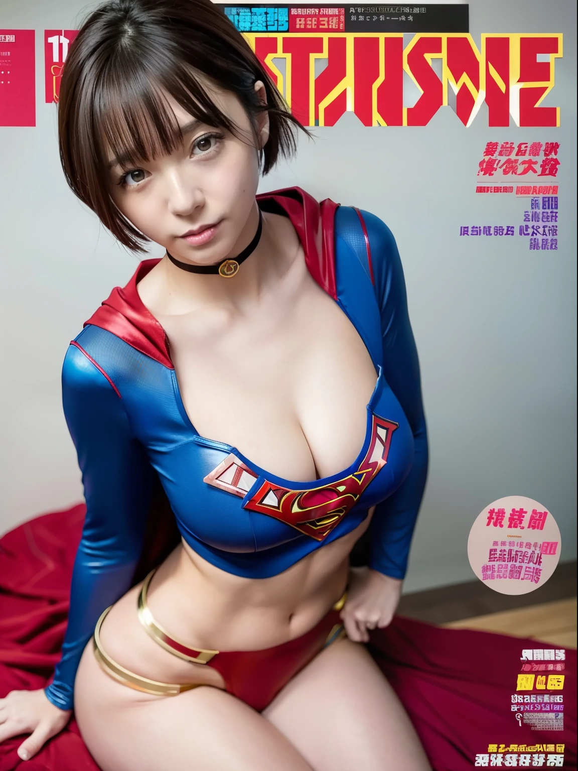 masterpiece,Supergirl Costume, short-hair, bare-legged, large full breasts,surgery room、Operating table、straddle、depraved、shiny、Looking at the camera、Provocation、estrus、Cowgirl、Trance、Fayue、enjoyment、The sheen、Red shortcloak、a choker、Weekly magazine cover、bewitching poses