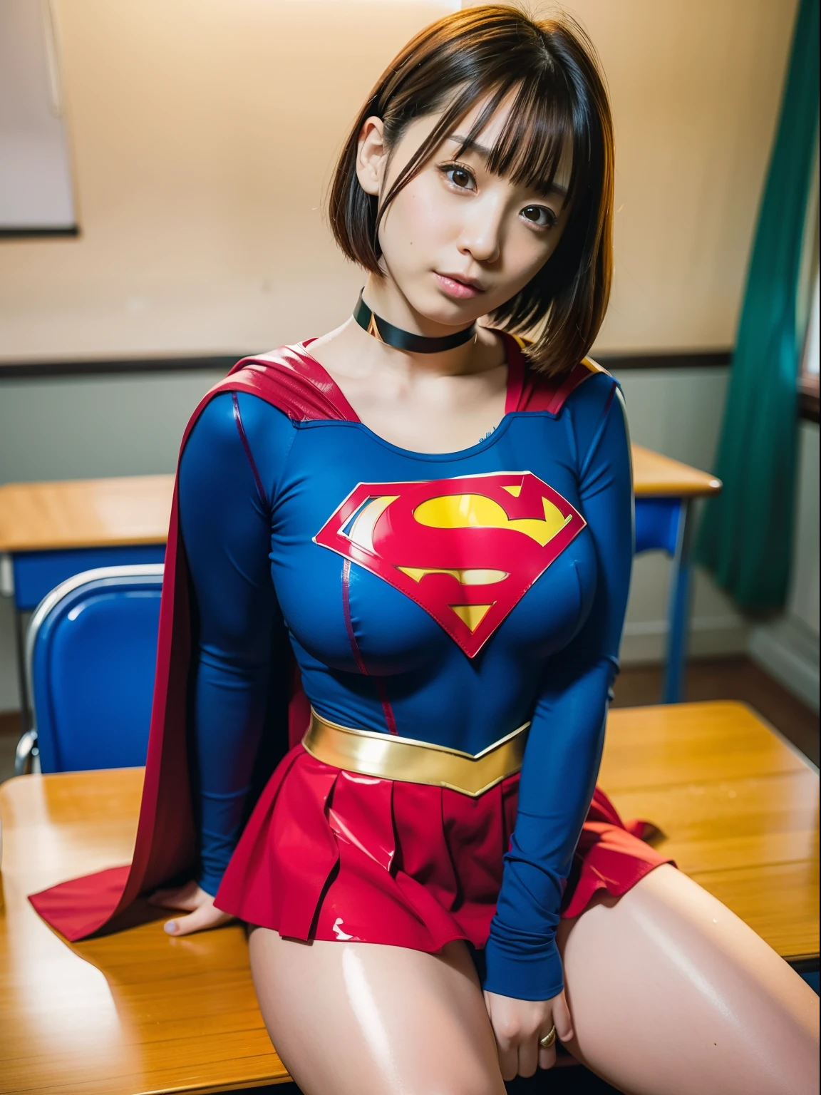 ​masterpiece,Short-haired Supergirl sitting at school desk with legs spread、large full breasts、Looking at the camera、Glossy enamel costume、Glossy red enamel long boots、Shiny red skirt、a choker、