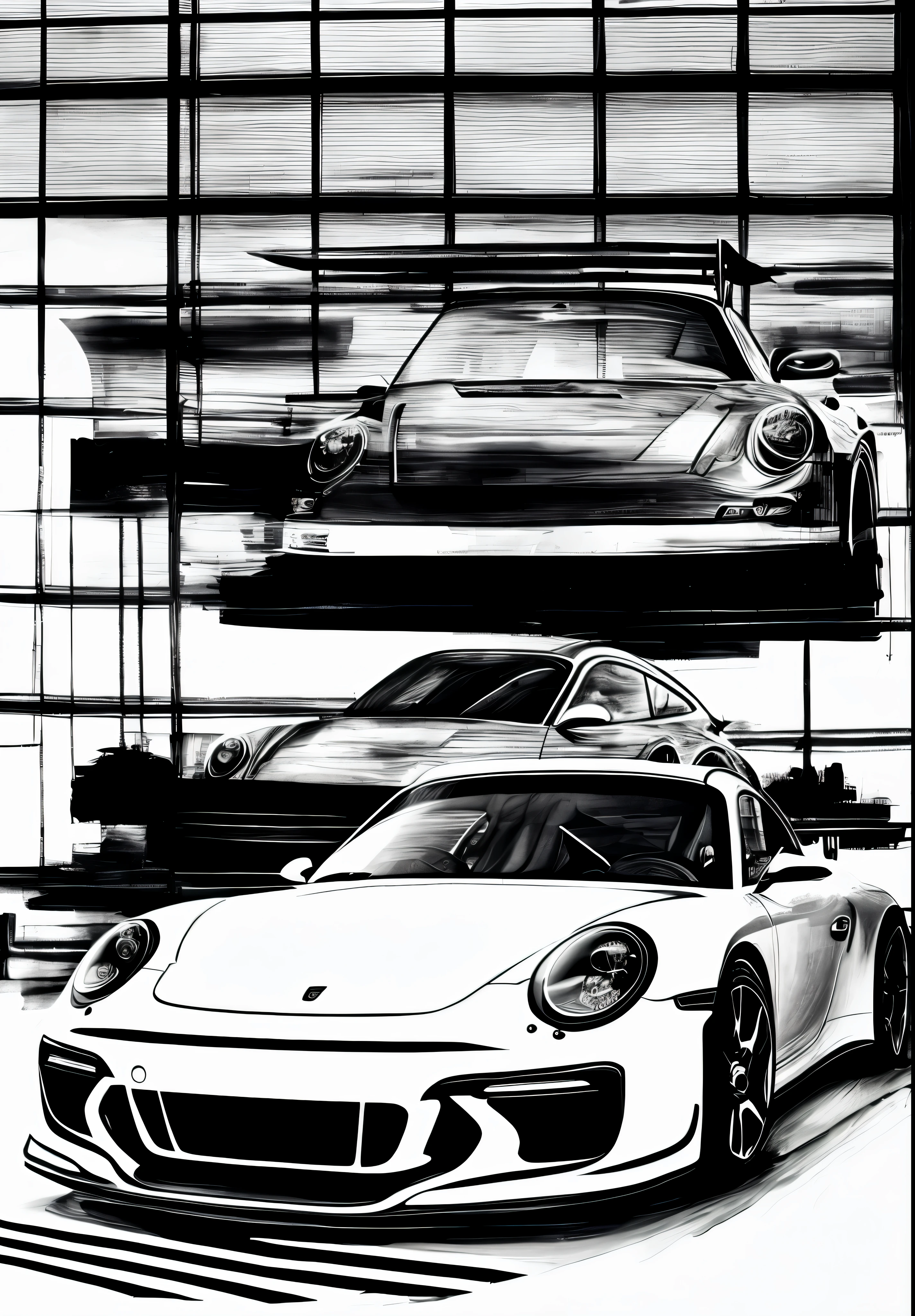 eine hand gezeichnete skizze Zeichnung eines Autos auf schwarzem boden Hintergrund mit Schatten, Illustration mit hohem Kontrast, Porsche RSR, Fahrzeug-Illustration, Auto-Skizze, Schattierung, Strichzeichnungen - N 9, Veranda, Hyper-Kontrast gut gezeichnet, Porsche 9 1 1, Porsche 911, just black and white line drawings, im Stil des vereinfachten Realismus, inspiriert von Andrei Kolkoutine