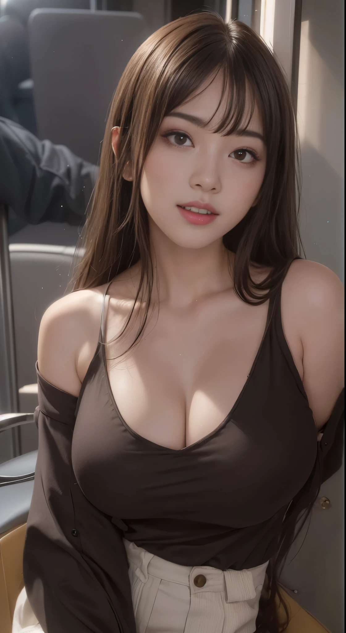 ((Realistic lighting、top-quality、8K、tmasterpiece:1.3))、Clear focus:1.2、1girl in、A Beautiful Woman with Perfect Figure:1.4、Highly detailed facial and skin texture、com rosto detalhado、Detailed lips、A detailed eye、二重まぶた、Brown hair、eyeline、eye shadows、Makeup、Tight clothes、(off-shoulder shirts、A miniskirt:1.1)、(huge-breasted:1.2)、nedium breasts、sit on chair、On the train、