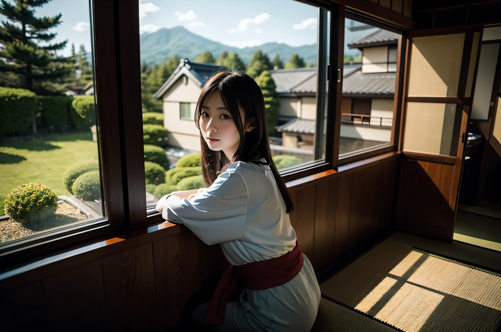 ​masterpiece, A hyper-realistic, 32K, 1 girl in, japanes, beautiful a girl, 25-years old, Woman looking out the window of a cottagecore home,
