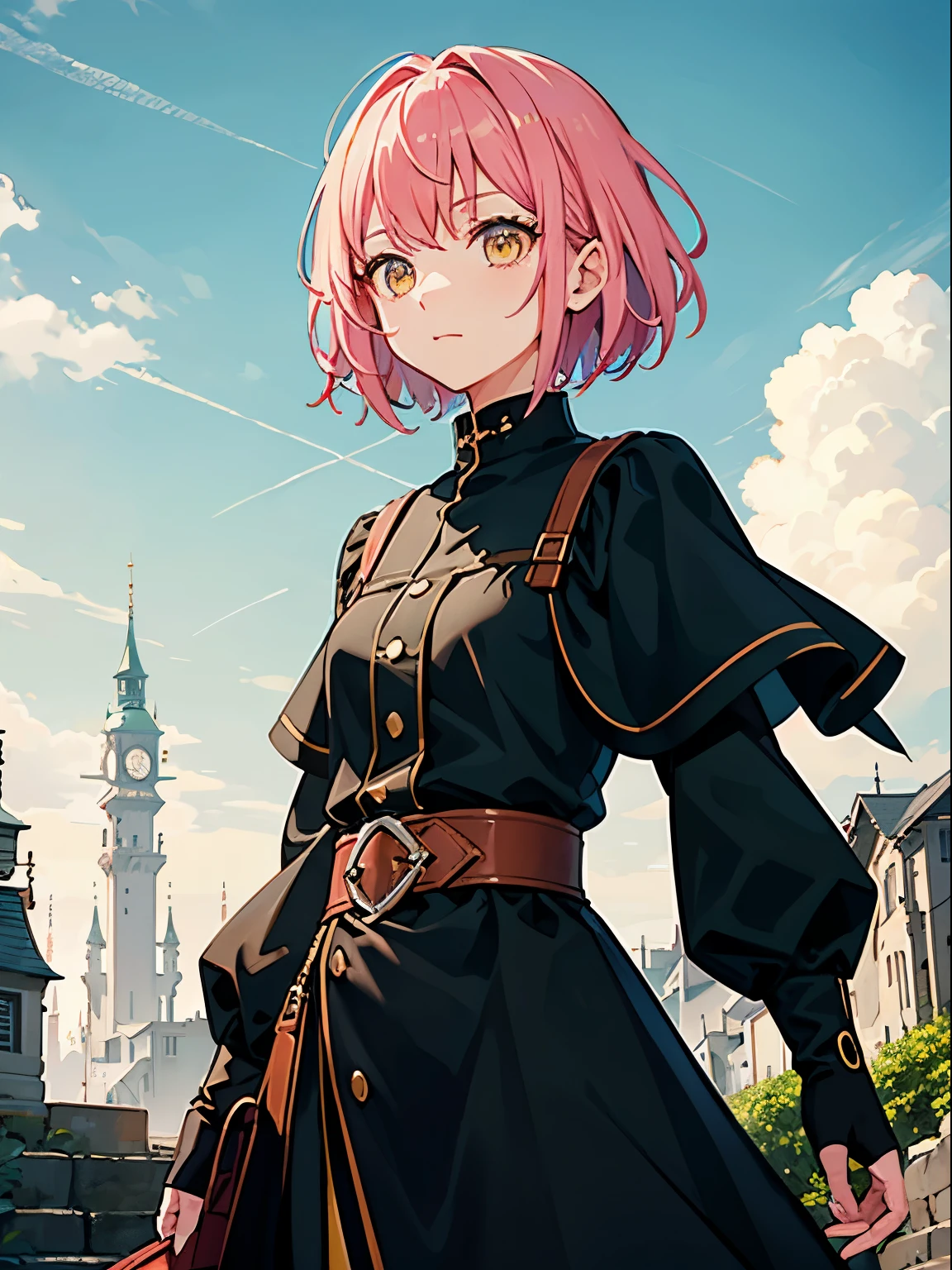 Yellow eyes、 Pink Short Bob、Bangs at the top of the eyebrows、short bangs、 1girl in, (full bodyesbian), O cabelo multicolorido, castle in the distance, Beautiful road, \blue sky and vague clouds/ 浅笑, ghibli-like colors, ghibli-like colors, ghibli-like colors, Cinematic lighting, depth of fields, character chart, largo angle, Previously worked, Previously worked, tre anatomically correct, Textured Leather, super detailing, hightquality, Awarded, alto, 最hightquality, 8K