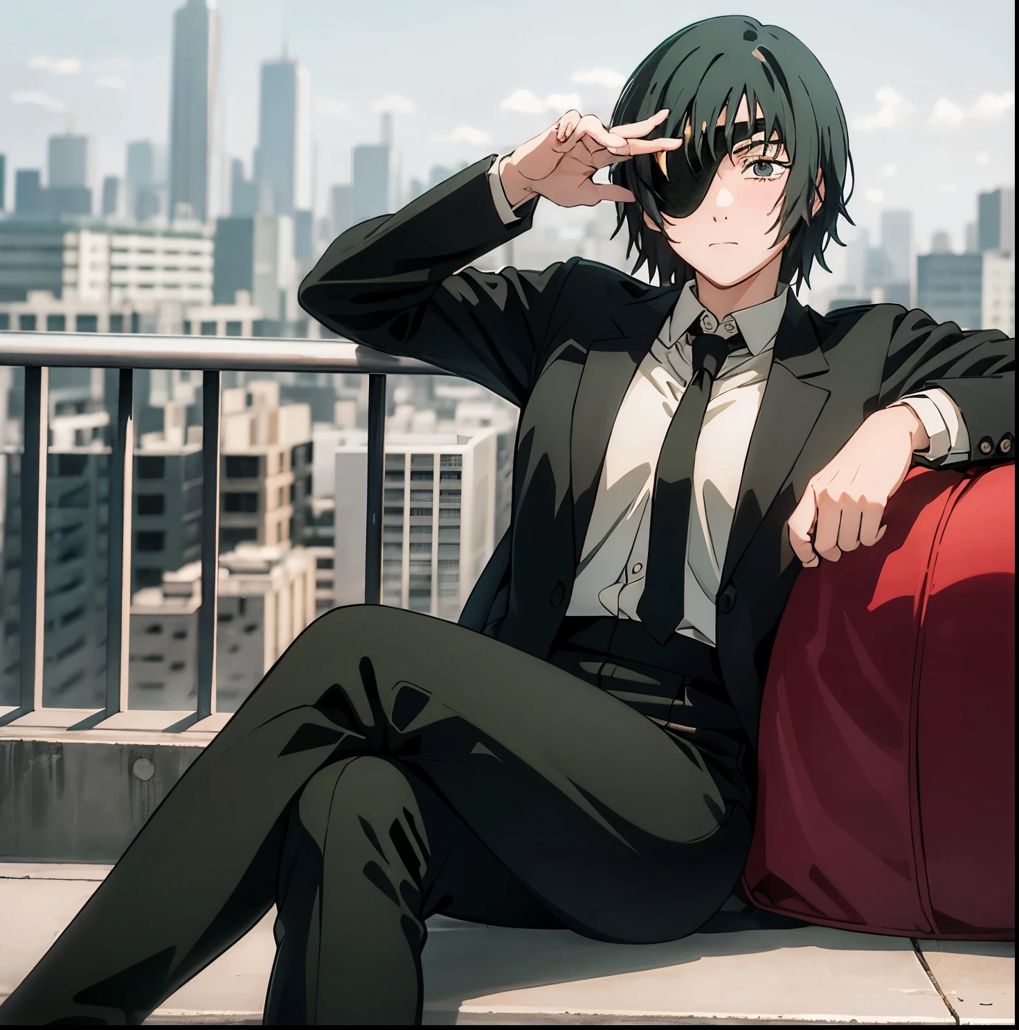 masterpiece, best quality,1girl, alone,himeno (chainsaw man), eyepatch, cigarette, breasts, necktie, solo, black hair, holding cigarette, shirt, black necktie, sitting, pants, black pants, large breasts, white shirt, looking at viewer, collared shirt, smoking, short hair, v, holding, long sleeves, city, bangs, jacket, formal, feet out of frame, cityscape, crossed legs, black eyes, suit, blush, shirt tucked in, smoke, black jacket, one eye covered, dress shirt, jacket removed, between fingers, building, arm support,good hands,good anatomy