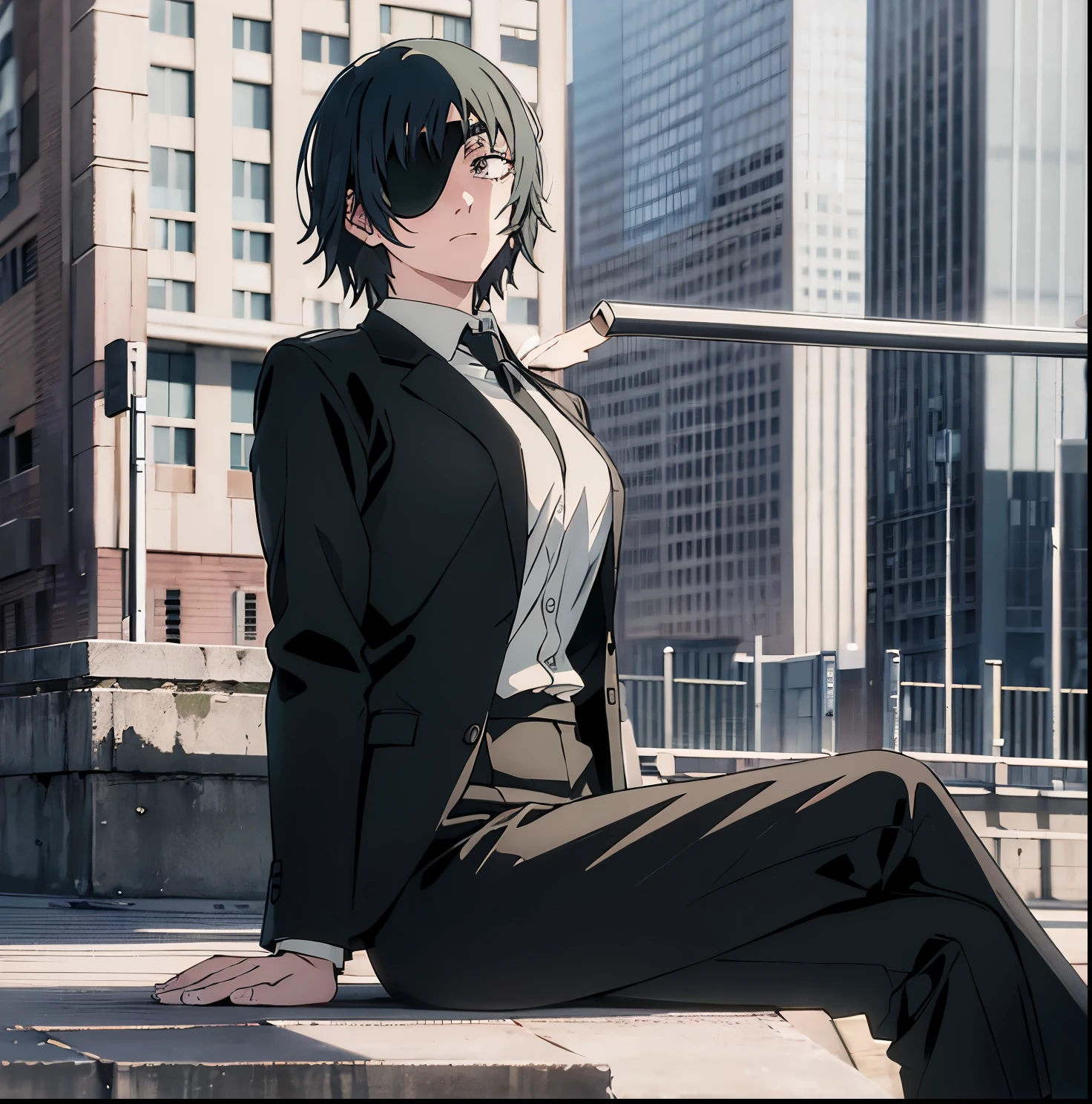 masterpiece, best quality,1girl, alone,himeno (chainsaw man), eyepatch, cigarette, breasts, necktie, solo, black hair, holding cigarette, shirt, black necktie, sitting, pants, black pants, large breasts, white shirt, looking at viewer, collared shirt, smoking, short hair, v, holding, long sleeves, city, bangs, jacket, formal, feet out of frame, cityscape, crossed legs, black eyes, suit, blush, shirt tucked in, smoke, black jacket, one eye covered, dress shirt, jacket removed, between fingers, building, arm support,good hands,good anatomy