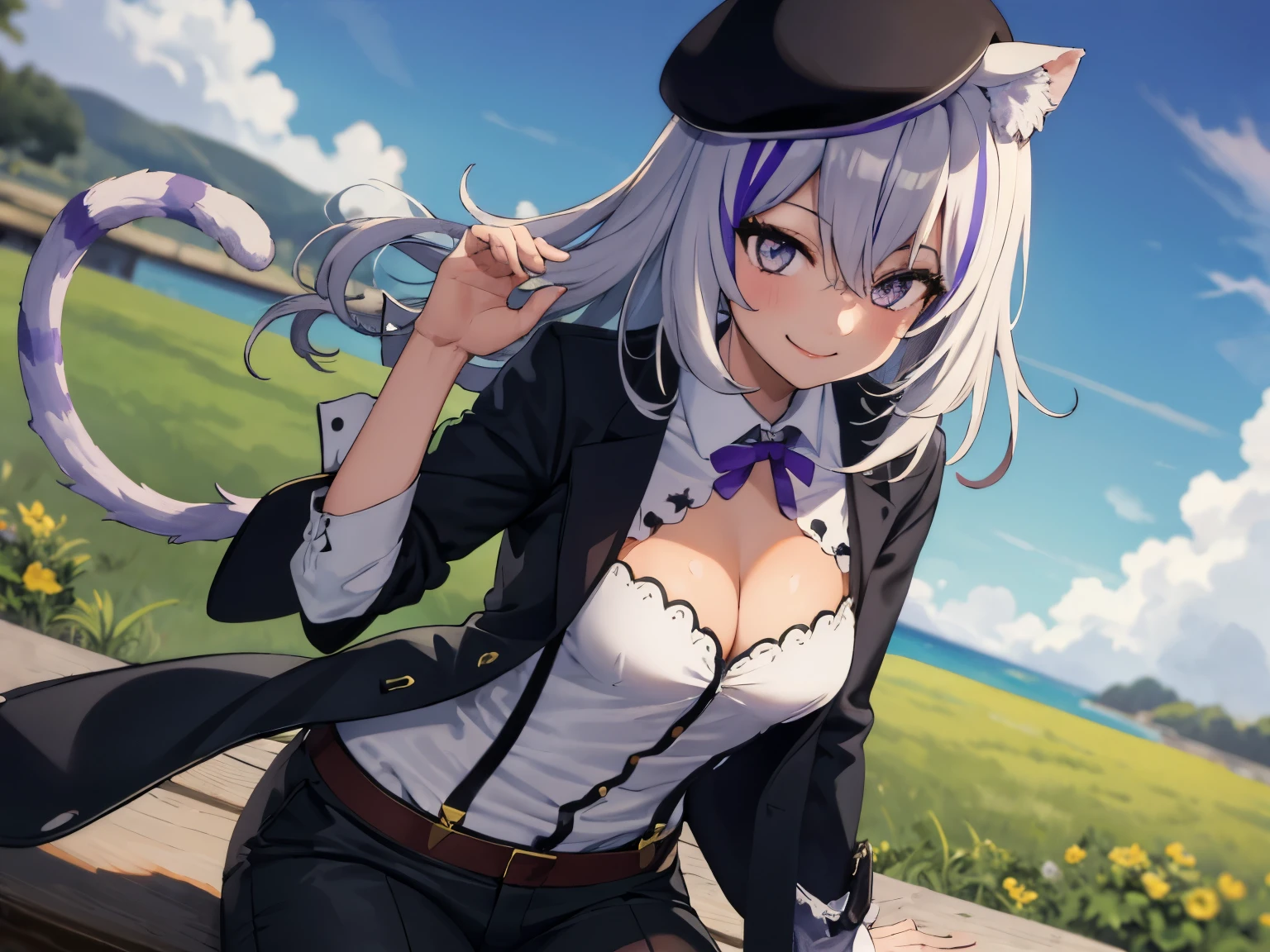 okayufancy, cleavage cutout, white shirt, suspenders, black shorts, beret, cat tail, striped tail, streaked hair, sitting, armpits peek, smile, 1girl, blue sky, green field