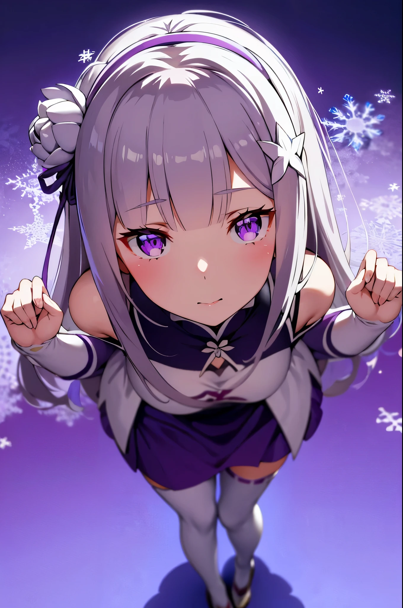 re:zero, emilia, gray hair, hair flower, masterpiece, amazing, 8k, detailed, 1girl, (blured background), ((wallpaper)), purple eyes, white tights, cute, wallpaper, falling snowflakes, dark background, hands behind back, (from above), (looking up)