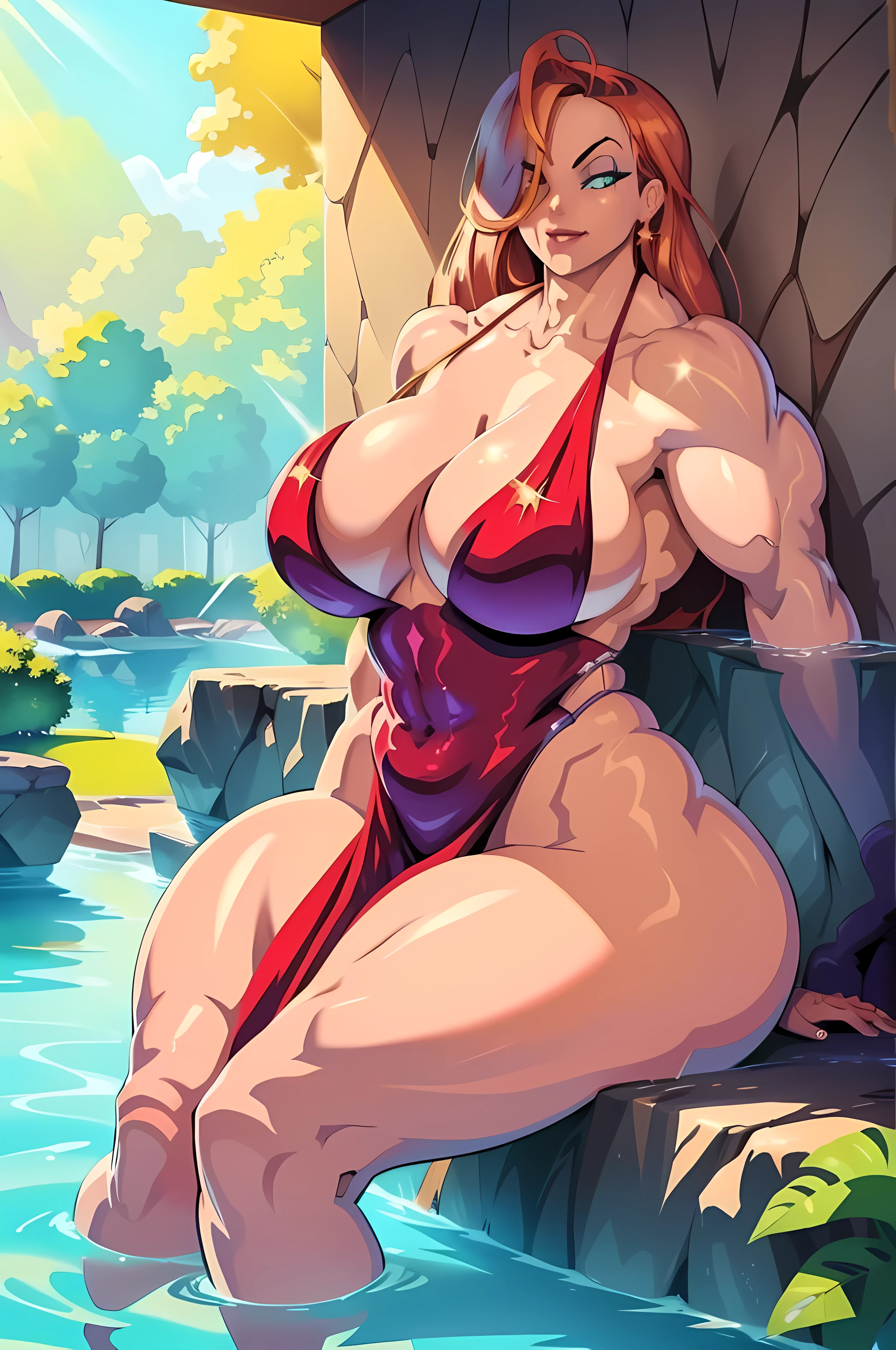 "Envision a breathtaking artwork capturing the essence of beauty and serenity. A mesmerizing masterpiece depicting a captivating huge bodybuilder woman with a radiant bronze complexion immersed in a divine oasis of radiant sunlight."