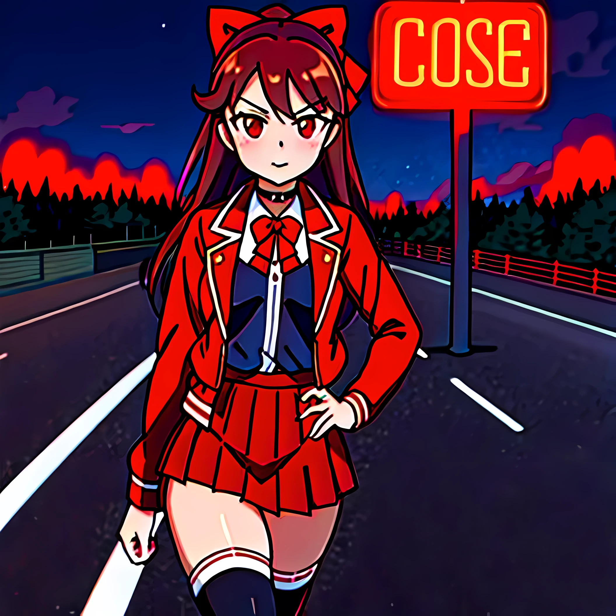 masterpiece, best quality,, maruzensky (umamusume),, red thighhighs, red jacket, pleated skirt, red skirt, long sleeves, choker, red shirt, open jacket, white bow, open clothes, high heel boots, asphalt road, running, eye trails, night sky, neon, from above,,
