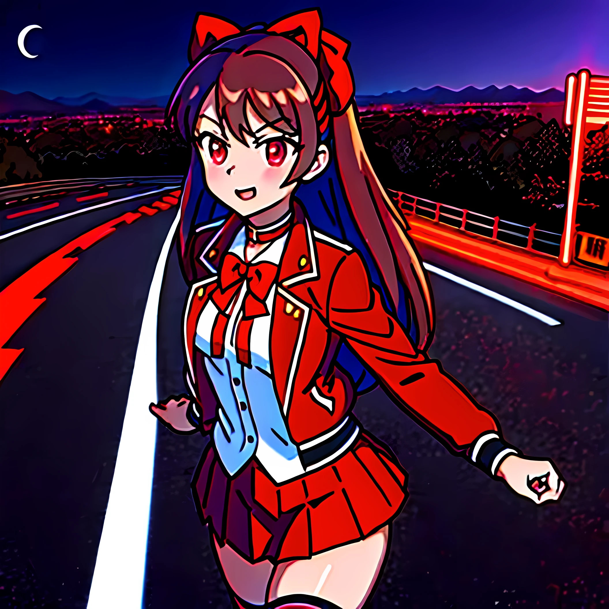 masterpiece, best quality,, maruzensky (umamusume),, red thighhighs, red jacket, pleated skirt, red skirt, long sleeves, choker, red shirt, open jacket, white bow, open clothes, high heel boots, asphalt road, running, eye trails, night sky, neon, from above,,