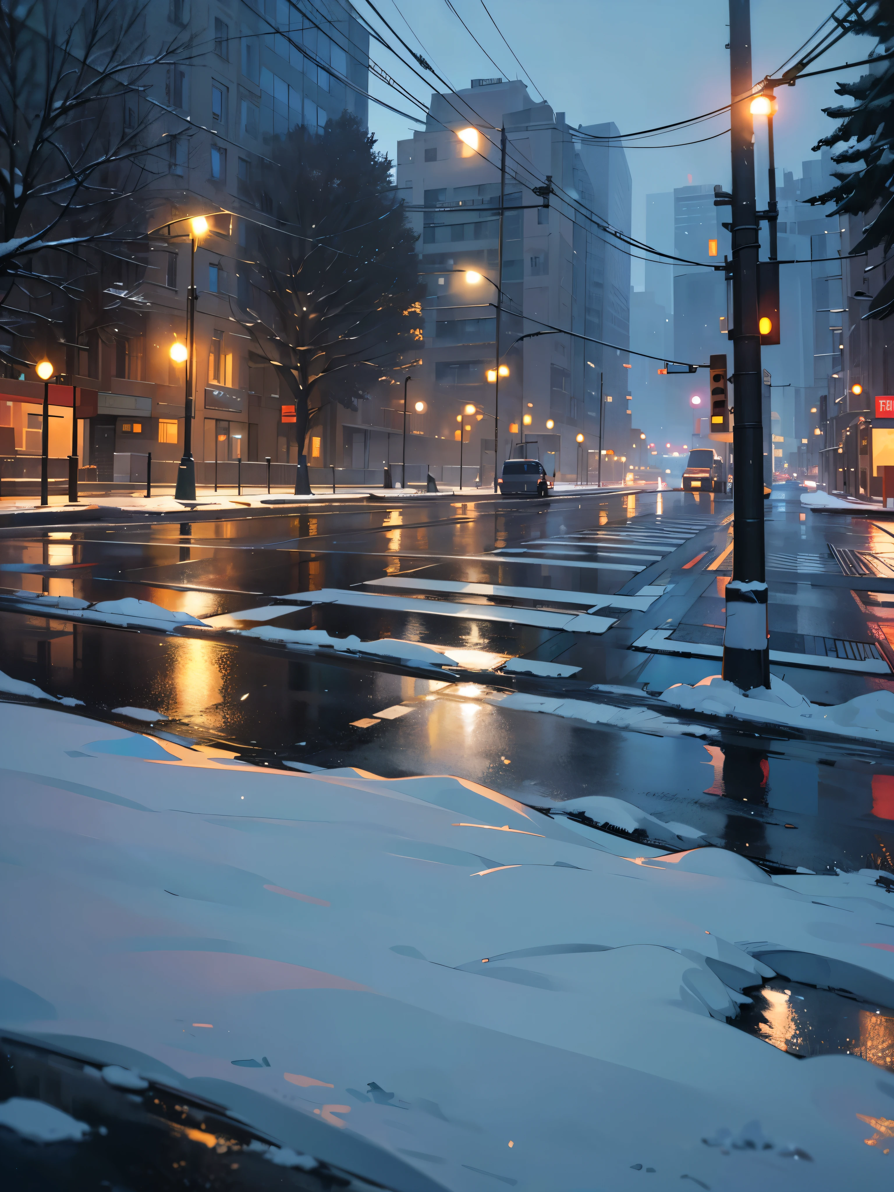 (best quality,4k,8k,highres,masterpiece:1.2),ultra-detailed,(realistic,photorealistic,photo-realistic:1.37),beautiful crosswalk and snowy street,(winter:1.1),(beautiful:1.1),(calming:1.1),night time,softly lit crosswalk,lush winter trees towering on both sides,enchanting snowflakes gently falling from the sky,distinctive footprints on the snowy sidewalk,illuminated street lamps casting a warm glow,shimmering reflections of the crosswalk on the wet pavement,tranquil atmosphere,hushed silence and crisp air,inviting pedestrians to cross the street safely