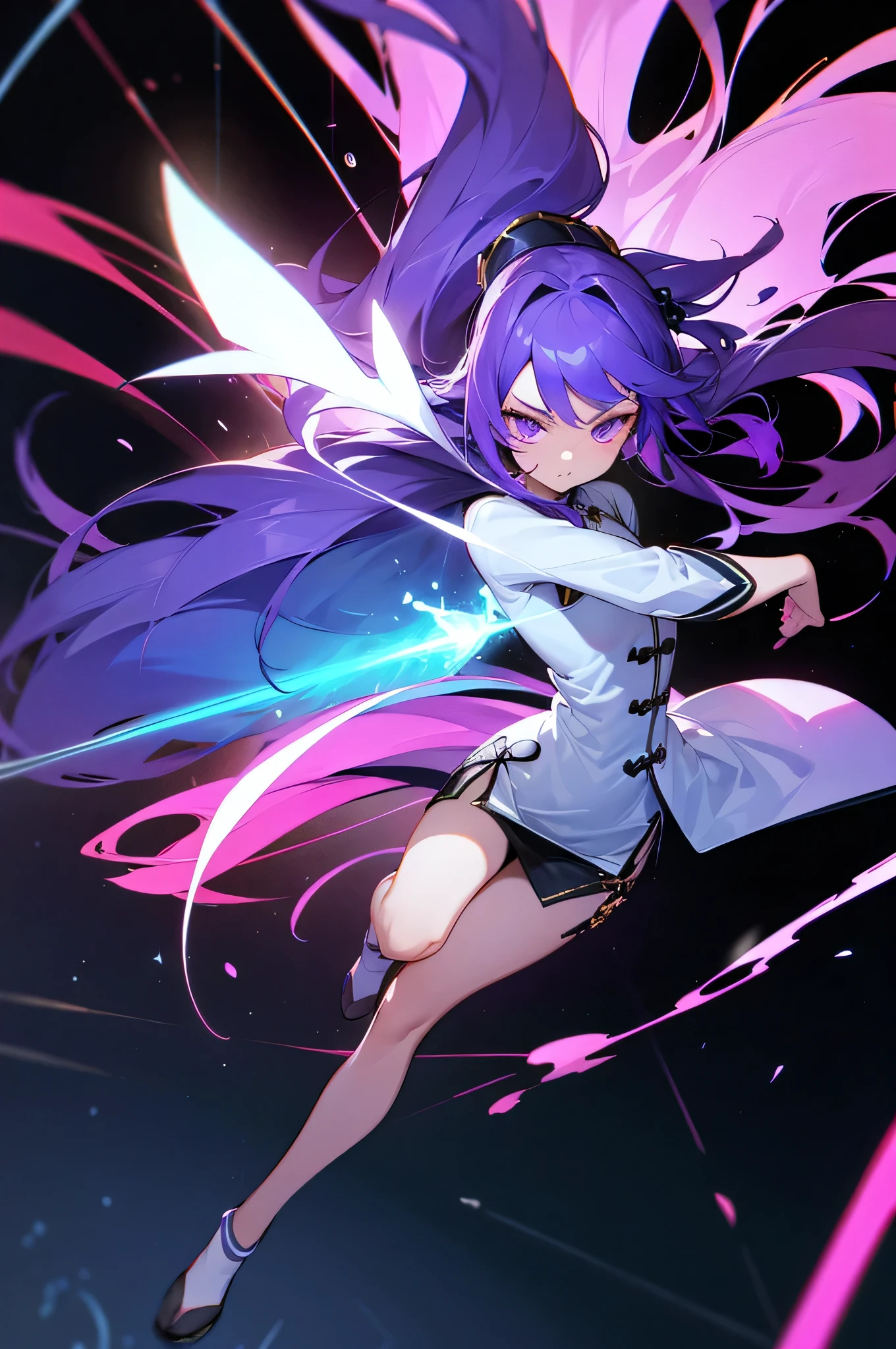 chinese clothes,Dynamism、 female pervert ,full body Esbian、 long-haired, Purple hair color,look down from above, mobster、 cosmic space、neon laser、Neon feeling、The hand is a fist