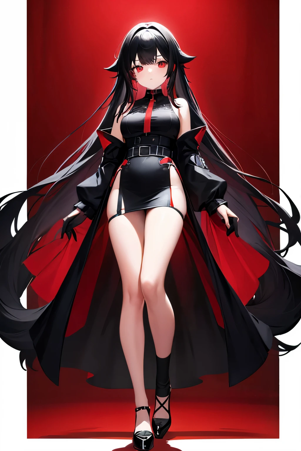 Adult woman, pale skin, Long black hair highlights blonde, gray eyes, red eyeshadow, Black Dress, open breasts, Masterpiece, high quality, Large breasts, Ray traching, Perfect Shadow, hight resolution, Enhanced eyes, Diabolical, Succubus, grinning evily, fangs, Huge breasts, Full body, Perfect feet,
