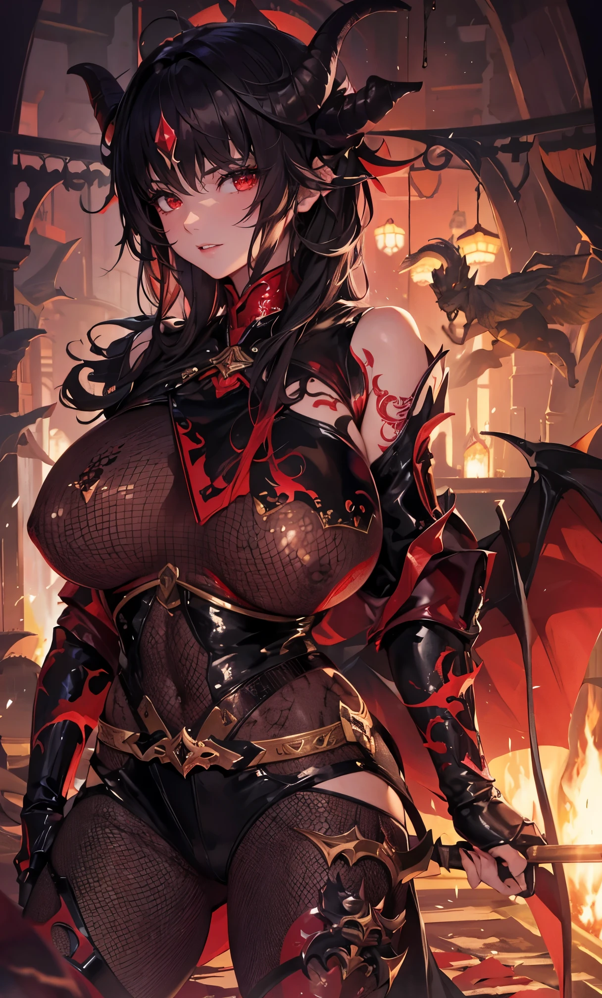 close up, The world of dreams, The demons骑士, cabelos preto e longos，half face armor,  Redlip, leather clothes, The demons, humanoid creature, ram's horn, Her skin is very white, White complexion, Brown eyes, dark messy black hair, obi strip, Red and black armor, red tattoo,