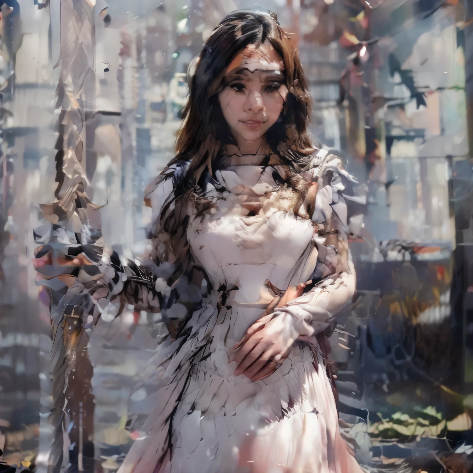 : girl with white skin, long brown wavy hair, dark brown eye color, small hooded eyes, straight low thick eyebrows, long oval face, tin upper lip full lower lip, small nose, symmetrical face, thin, in a pink dress, confident smile, romantic nature background, poster, photo, 3D render, fashion, poster, 3d render, illustration, cinematic