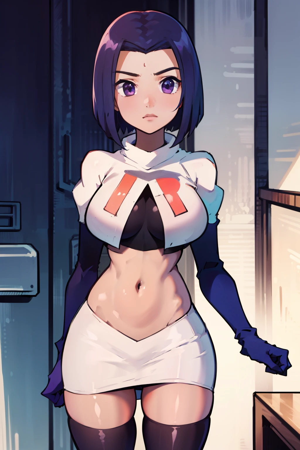 (masterpiece, best quality, ultra-detailed), RavenTT, short hair, purple eyes, (grey skin),team rocket,team rocket uniform, red letter R, white skirt,white crop top,black thigh-highs,black elbow gloves