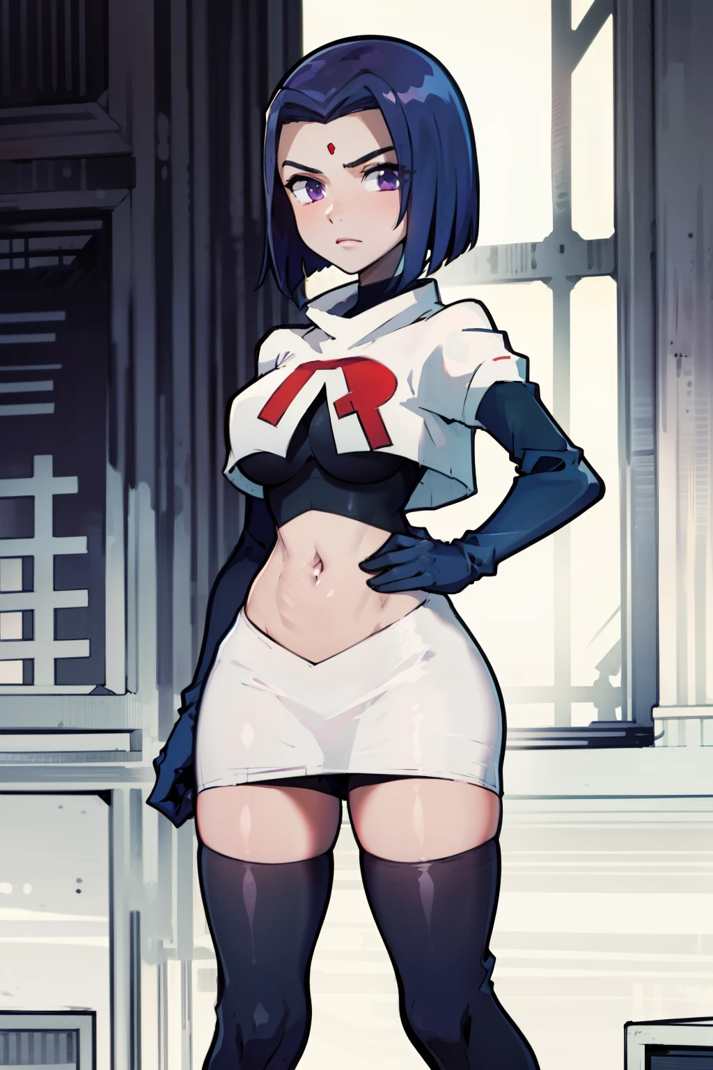 (masterpiece, best quality, ultra-detailed), RavenTT, short hair, purple eyes, (grey skin),team rocket,team rocket uniform, red letter R, white skirt,white crop top,black thigh-highs,black elbow gloves