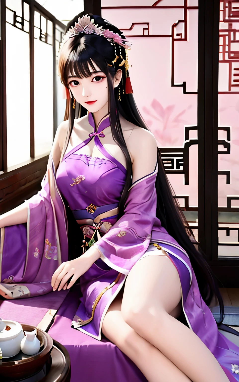 Beautiful Chinese girl,Bare shoulders,Wearing a purple dress,asian architecture interior,Chaise sofa,Pink curtaintravagant furnishings,palaces,Summer palace,carpets,Delicate face, beautiful face,