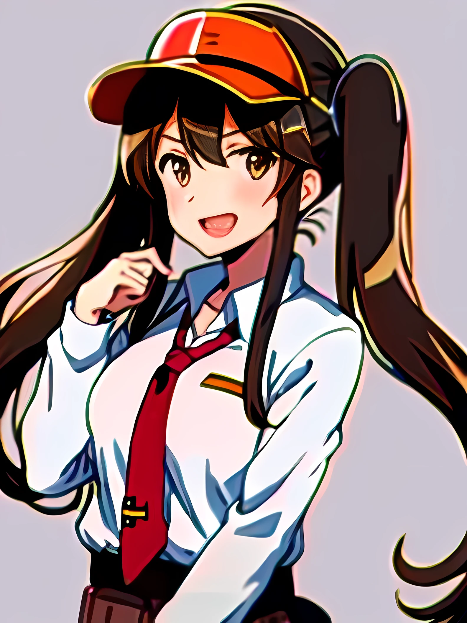 1girl, ryuujou (kancolle), solo, brown hair, twintails, brown eyes, visor cap, magatama, open mouth, aircraft, smile, airplane, white background, japanese clothes, simple background, kariginu, upper body, long hair