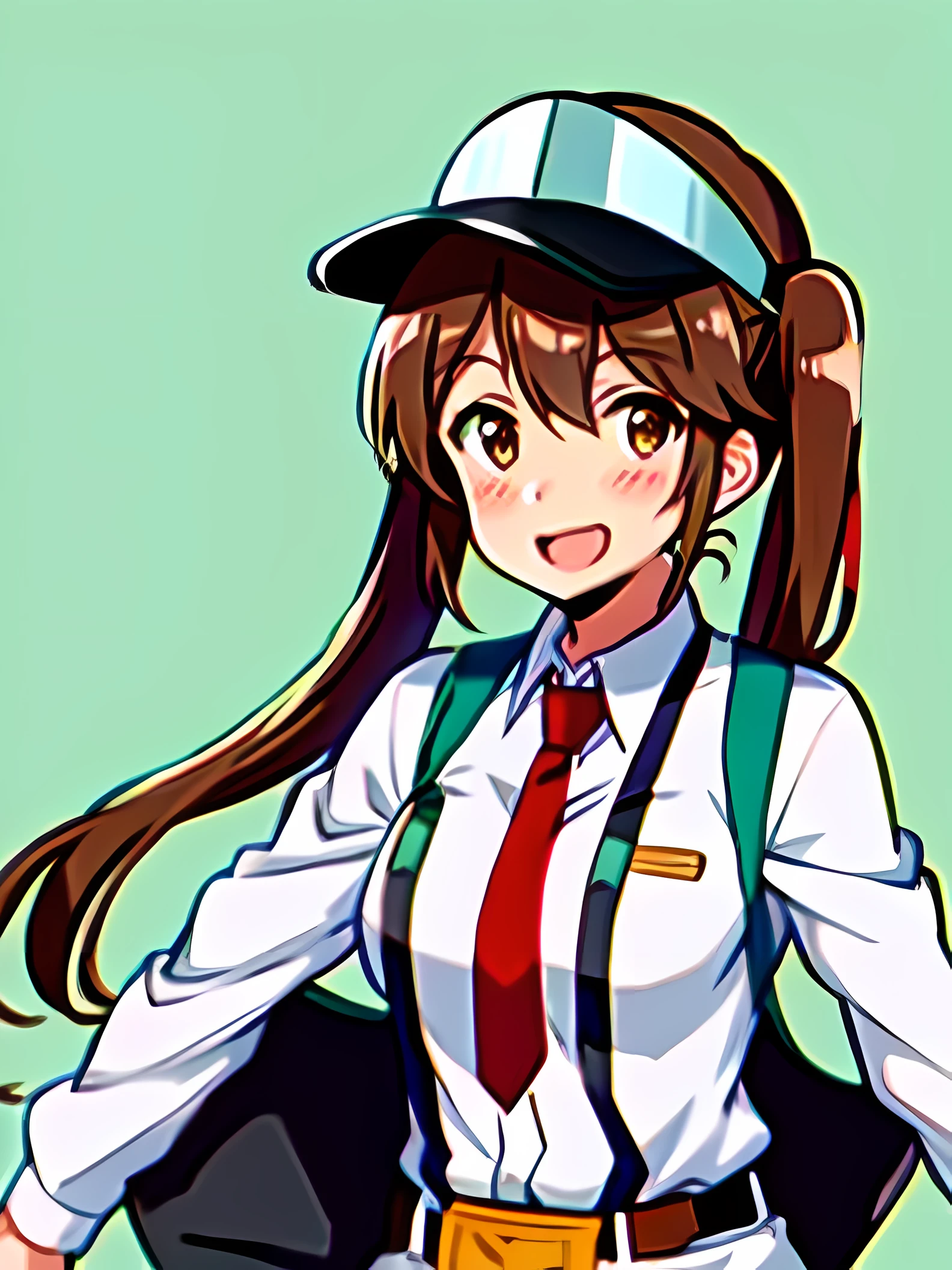 1girl, ryuujou (kancolle), solo, brown hair, twintails, brown eyes, visor cap, magatama, open mouth, aircraft, smile, airplane, white background, japanese clothes, simple background, kariginu, upper body, long hair