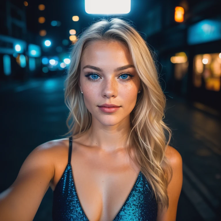 (selfie, top view: 1.4), (straight half of the body: 1.4), RAW UHD portrait photo of a 24-year-old blonde (blue-eyed woman) walking down a dark alley, large breasts,, city at night, (lingere), (neckline), details (textures! , hair! , glitter, color!! , disadvantages: 1.1), glossy eyes with high detail (looking at the camera), SLR lighting, SLR camera, ultra-quality, sharpness, depth of field, film grain (center), Fujifilm XT3, crystal clear, frame center, beautiful face, sharp focus, street lamp, neon lighting, bokeh (dimly lit), night, (night sky), detailed skin pores, oily skin, sunburn, complex eye details, full body, wavy hair
