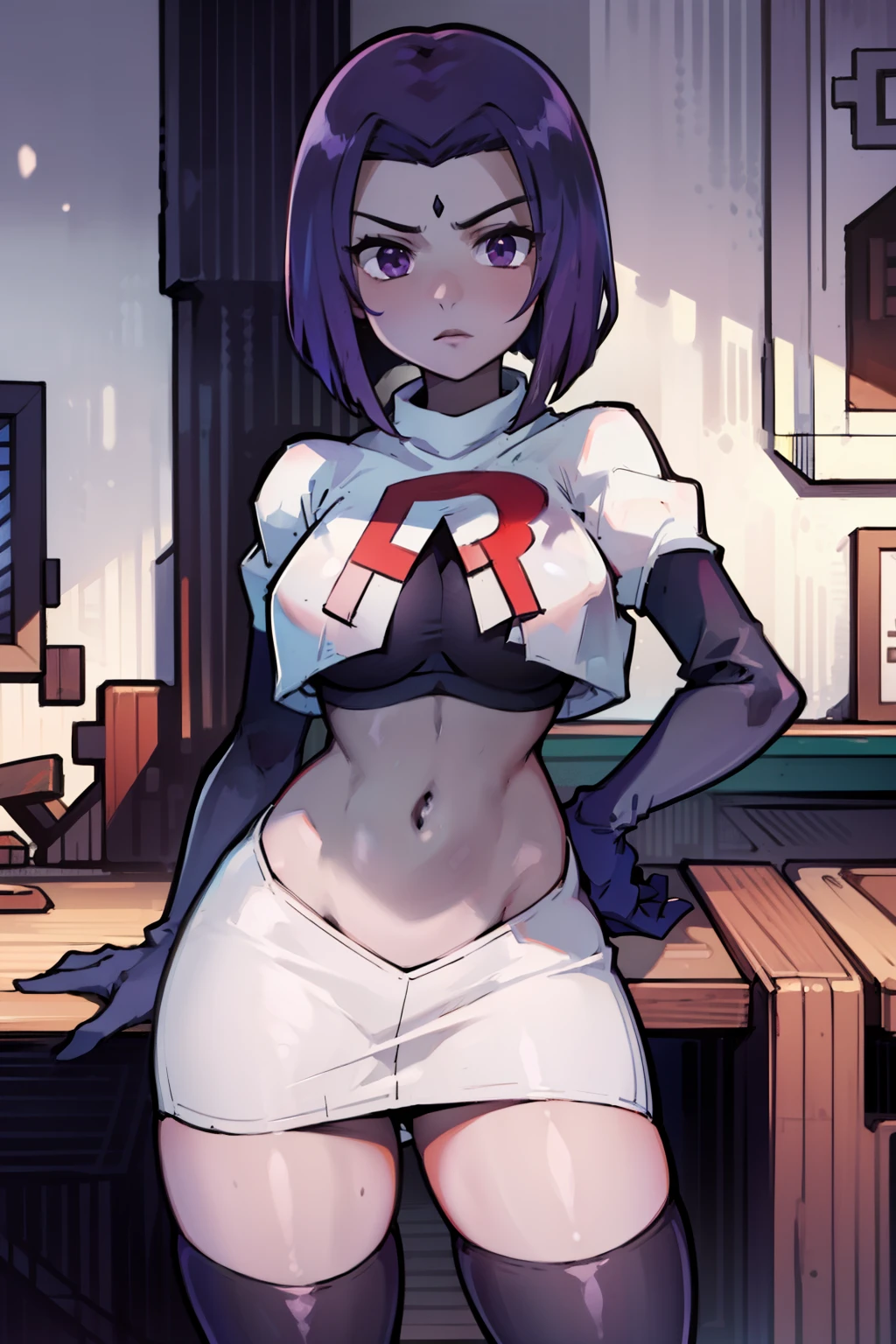 (masterpiece, best quality, ultra-detailed), RavenTT, short hair, purple eyes, (grey skin),team rocket,team rocket uniform, red letter R, white skirt,white crop top,black thigh-highs,black elbow gloves