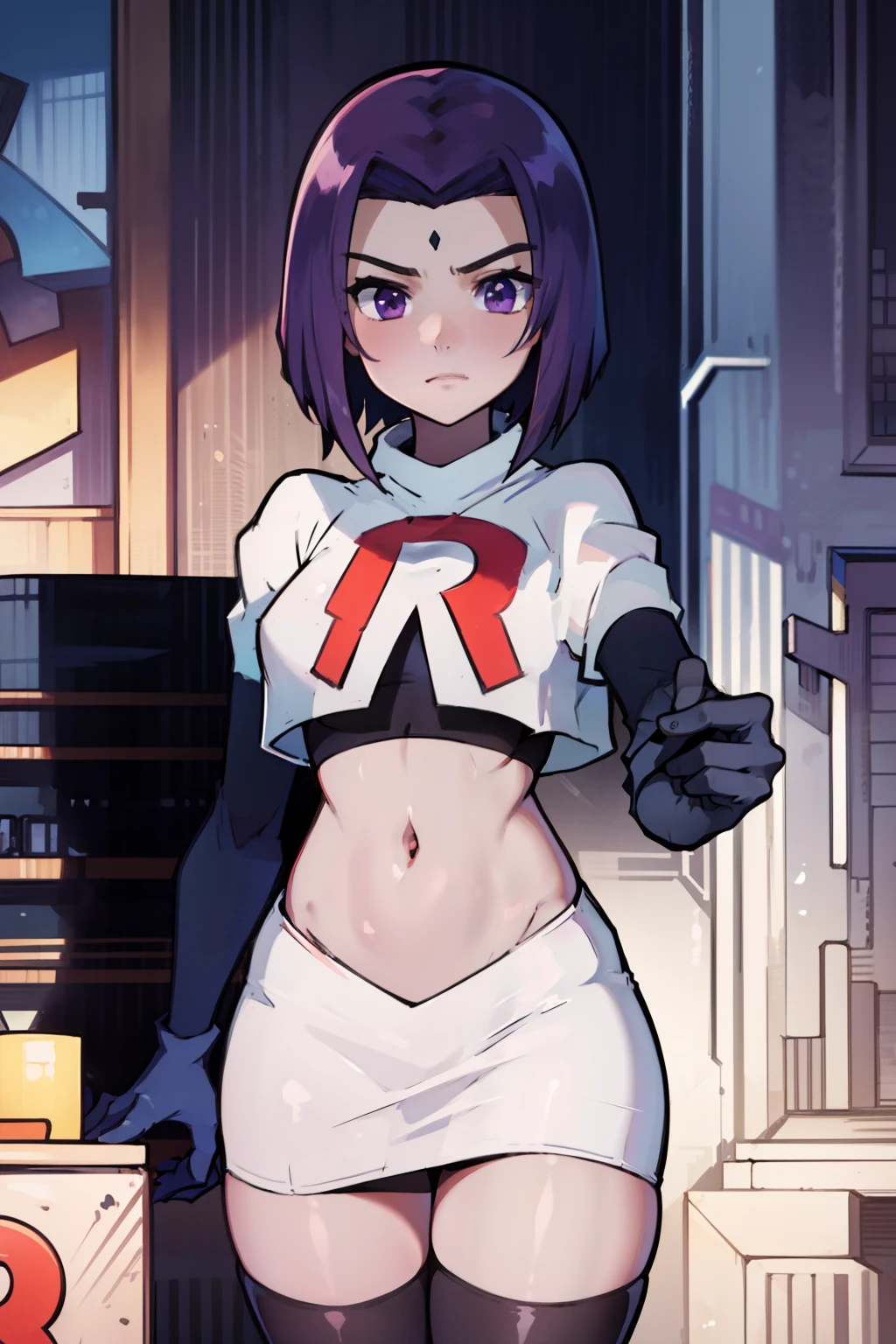 (masterpiece, best quality, ultra-detailed), RavenTT, short hair, purple eyes, (grey skin),team rocket,team rocket uniform, red letter R, white skirt,white crop top,black thigh-highs,black elbow gloves