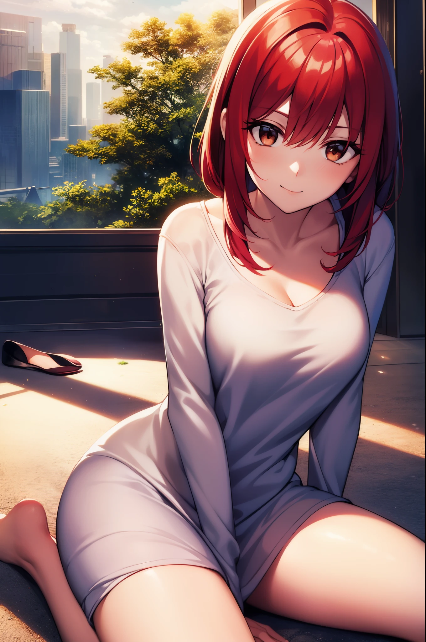 (masterpiece), best quality, expressive eyes, perfect face, highres, 1 girl, solo, shirou emiya girl, (red hair:1.5) (female body:1.3), medium hair, (brown eyes:1.5), (female body:1.3), blue pants, collarbone, pants, shirt, long sleeves, white shirt, oversized shirt, raglan sleeves, garden, landscape background, depth of filed, kneep up, barefoot, smiling sitting on floor, portrait, looking at the viewer, good ilumination, cinematografic light