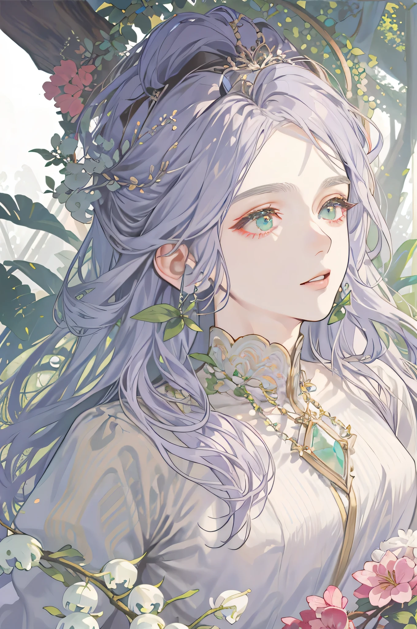 masterpiece, best lighting, (((ultra detail))), best quality, lilac, forest nymph, lily of the valley, ((ethereal forest boy)), perfect anatomy, hanging jewels, pretty boy, amazing body, best proportions, european victorian style, greek style, ancient god (((((face closeup))))), korean eye makeup