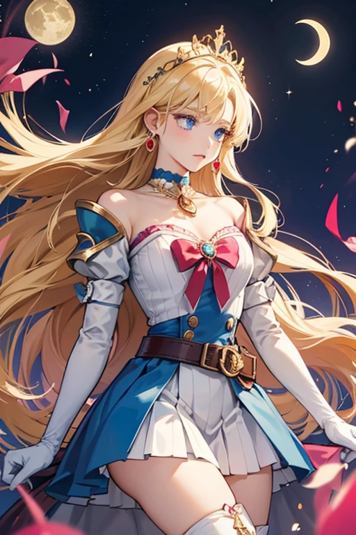 She has blue eyes and long blonde hair. Her uniform consists of a white leotard with a blue-collar that has two stripes on it, white gloves with three red arm fittings that reach just below her elbows, shoulder pads, and a pleated blue skirt with a puffy white belt sat above it, along with chest armor with a dark pink bow on top and at the back of her belt. She also wore a pair of dark pink knee-high boots with a white border at the triangular top pointing upwards with crescent moons, pearl dangle earrings with a crescent moon beneath, white-bordered red circular hairpieces (one on each odango), a choker with a gold crescent moon on it and a tiara with a red gem in the center. Her brooch is worn in the middle of her chest bow. When she gains Moon Crystal Power Makeup, her brooch changes to the Crystal Star, while retaining all of the same features as her original outfit.