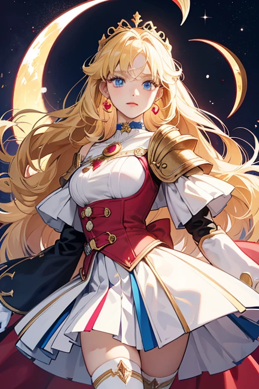 She has blue eyes and long blonde hair. Her uniform consists of a white leotard with a blue-collar that has two stripes on it, white gloves with three red arm fittings that reach just below her elbows, shoulder pads, and a pleated blue skirt with a puffy white belt sat above it, along with chest armor with a dark pink bow on top and at the back of her belt. She also wore a pair of dark pink knee-high boots with a white border at the triangular top pointing upwards with crescent moons, pearl dangle earrings with a crescent moon beneath, white-bordered red circular hairpieces (one on each odango), a choker with a gold crescent moon on it and a tiara with a red gem in the center. Her brooch is worn in the middle of her chest bow. When she gains Moon Crystal Power Makeup, her brooch changes to the Crystal Star, while retaining all of the same features as her original outfit.