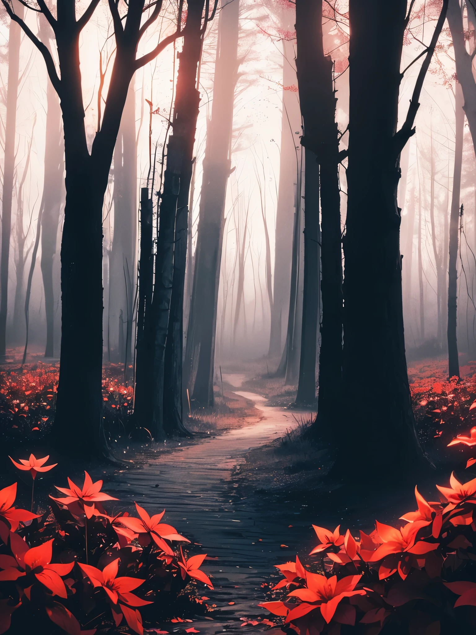 A gloomy and dark forest, with blood red flowers, bats flying, a river of water red like blood, dry trees, (((the forest is extremely sinister and dark, terrifying, with red eyes in the bushes))), {wallpaper of extremely detailed 16k CG unit}, expansive landscape photography, (a low view focusing on the scenery), (wide open field view), (low angle shot), (high light: 1.0), (low light :1.8), (warm light source: 1.5), complex details, (iridescent colors: 1.4), (bright lighting), (atmospheric lighting), Dreamy, unique, dark, perfect reflections