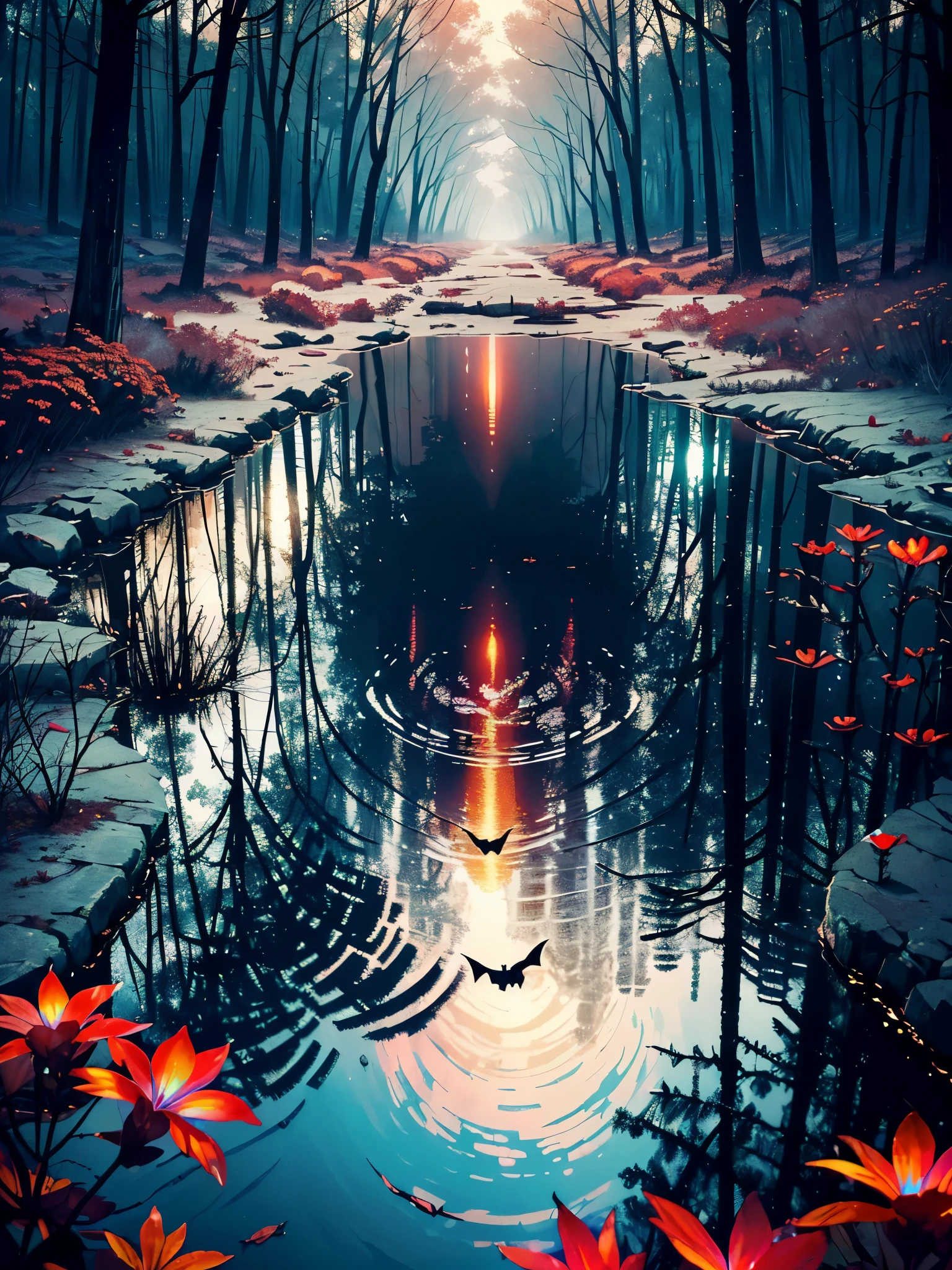 A gloomy and dark forest, with blood red flowers, bats flying, a river of water red like blood, dry trees, (((the forest is extremely sinister and dark, terrifying, with red eyes in the bushes))), {wallpaper of extremely detailed 16k CG unit}, expansive landscape photography, (a low view focusing on the scenery), (wide open field view), (low angle shot), (high light: 1.0), (low light :1.8), (warm light source: 1.5), complex details, (iridescent colors: 1.4), (bright lighting), (atmospheric lighting), Dreamy, unique, dark, perfect reflections