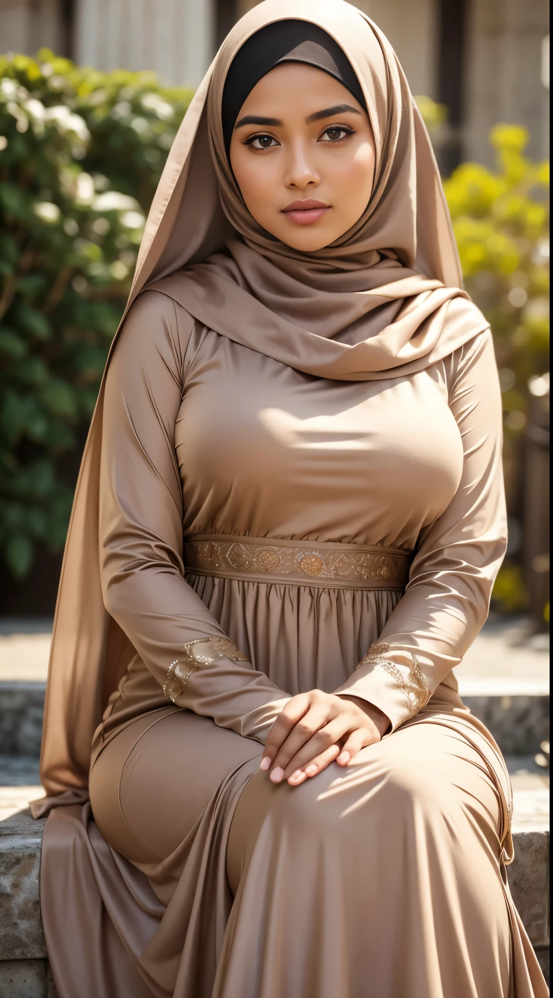( Close Up),RAW, Best quality, high resolution, masterpiece: 1.3), beautiful Malay woman in hijab,Masterpiece, perfect fit body, big breast,big gorgeous eyes, Soft smile,beutiful face,thick thighs, sitting, close up of a woman wearing a brown dress and a white head scarf, modest flowing gown, dress, brown robes, sophisticated dress, long dress female, brown color, beautiful soft silky dress, hijab, elegant dress, brown colors, brown clothes, brownish colors, soft silk dress, stylish dress, full covered dress, beautiful silky dress, brown colours , (Delicate turtleneck) , shairband, afternoon walk, City garden, Excellent lighting, Bright colors, Clean lines,