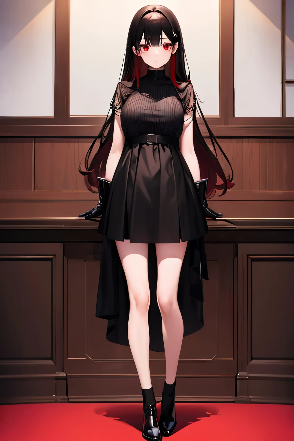 a girl, long black and red hair, straight hair parted in the middle, red eyes, long black and white dress, long black gloves, long sock, black shoes, full body, best quality, masterpiece.