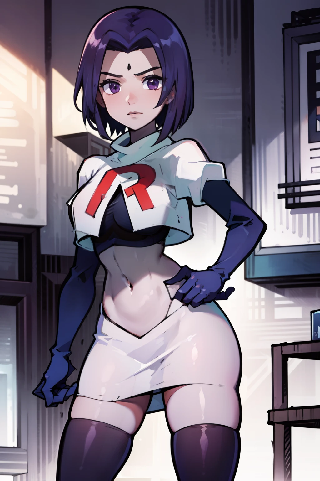 (masterpiece, best quality, ultra-detailed), RavenTT, short hair, purple eyes, (grey skin),team rocket,team rocket uniform, red letter R, white skirt,white crop top,black thigh-highs,black elbow gloves