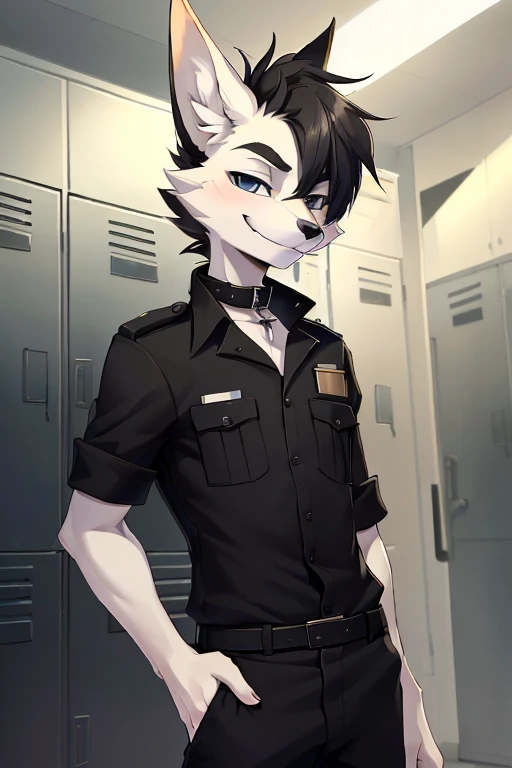 masterpiece quality, Boy, small, ((twink)), short, detailed fluffy white fur, jackal, slender, police uniform, ((androgynous)), anthro, collar, ((mocking look, smug, sly smile)), locker room, fauxhawk,