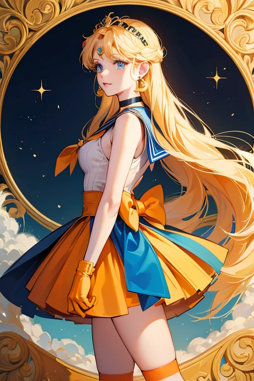 She has long blonde hair and blue eyes. she wore the standard Sailor Senshi uniform. The dominant color of her uniform was orange while the accent colors were yellow and navy blue. Her choker, collar, the center of her front bow, the elbow fittings on her gloves, skirt, shoes, and earrings were orange; the gem on her tiara and her back bow were yellow and her front bow was navy blue. She had one stripe on her collar, and her shoes were orange heels with ankle straps.
