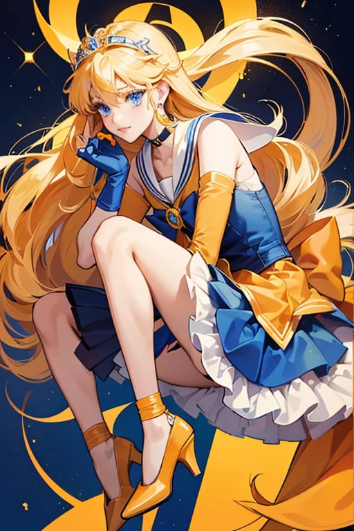 She has long blonde hair and blue eyes. she wore the standard Sailor Senshi uniform. The dominant color of her uniform was orange while the accent colors were yellow and navy blue. Her choker, collar, the center of her front bow, the elbow fittings on her gloves, skirt, shoes, and earrings were orange; the gem on her tiara and her back bow were yellow and her front bow was navy blue. She had one stripe on her collar, and her shoes were orange heels with ankle straps.