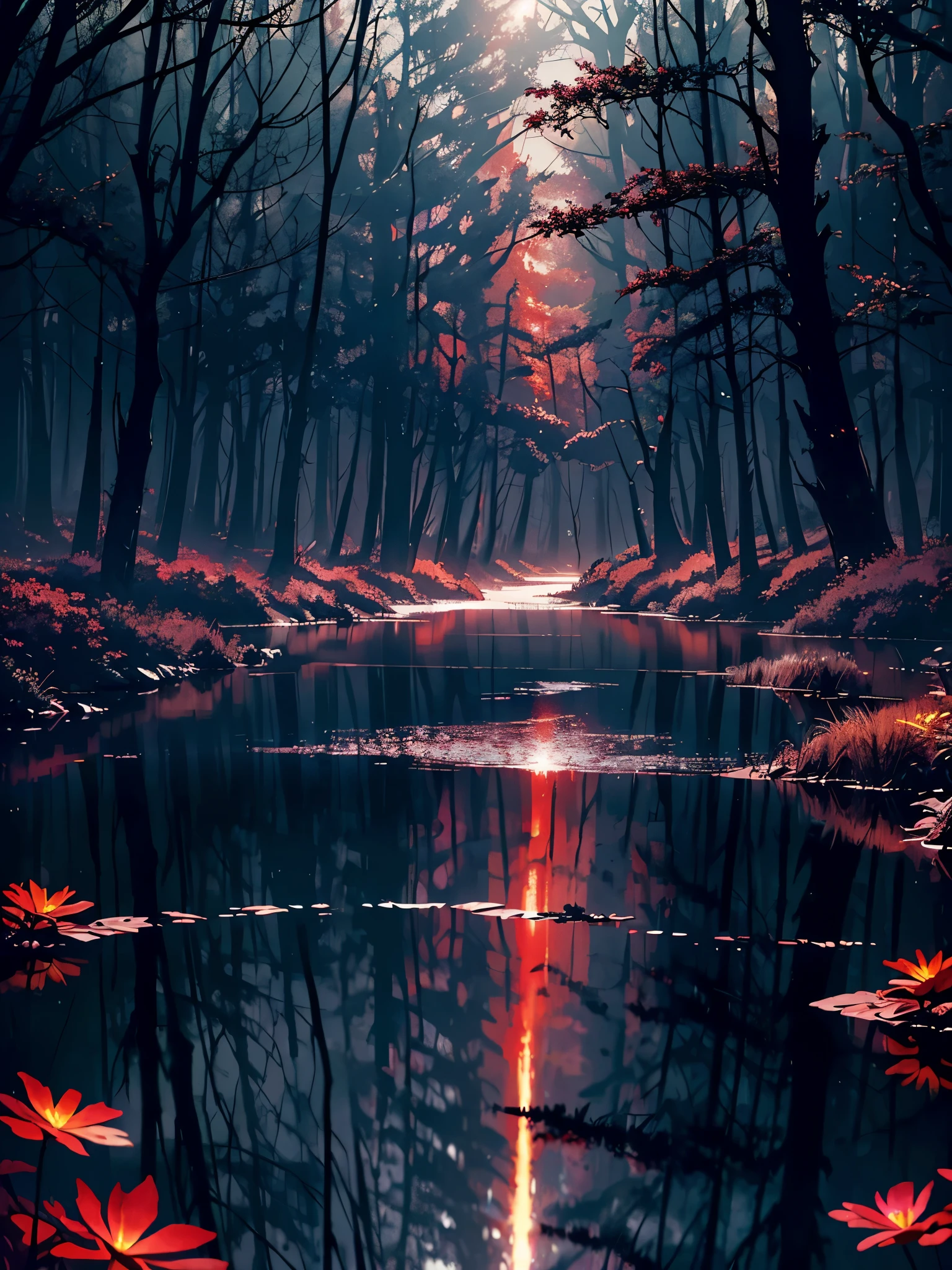 A gloomy and dark forest, with blood red flowers, bats flying, a river of water red like blood, dry trees, (((the forest is extremely sinister and dark, terrifying, with red eyes in the bushes))), {wallpaper of extremely detailed 16k CG unit}, expansive landscape photography, (a low view focusing on the scenery), (wide open field view), (low angle shot), (high light: 1.0), (low light :1.8), (warm light source: 1.5), complex details, (iridescent colors: 1.4), (bright lighting), (atmospheric lighting), Dreamy, unique, dark, perfect reflections